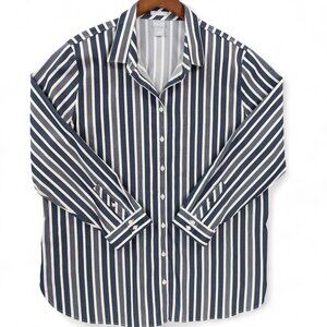 Chicos Shirt Womens 4 U.S. Size 20 Blue White Stripe No Iron Stretch Button Up
